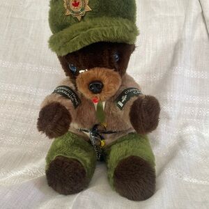 Green and Brown Plush Bear in Military Outfit - Kids Stuffed Animal